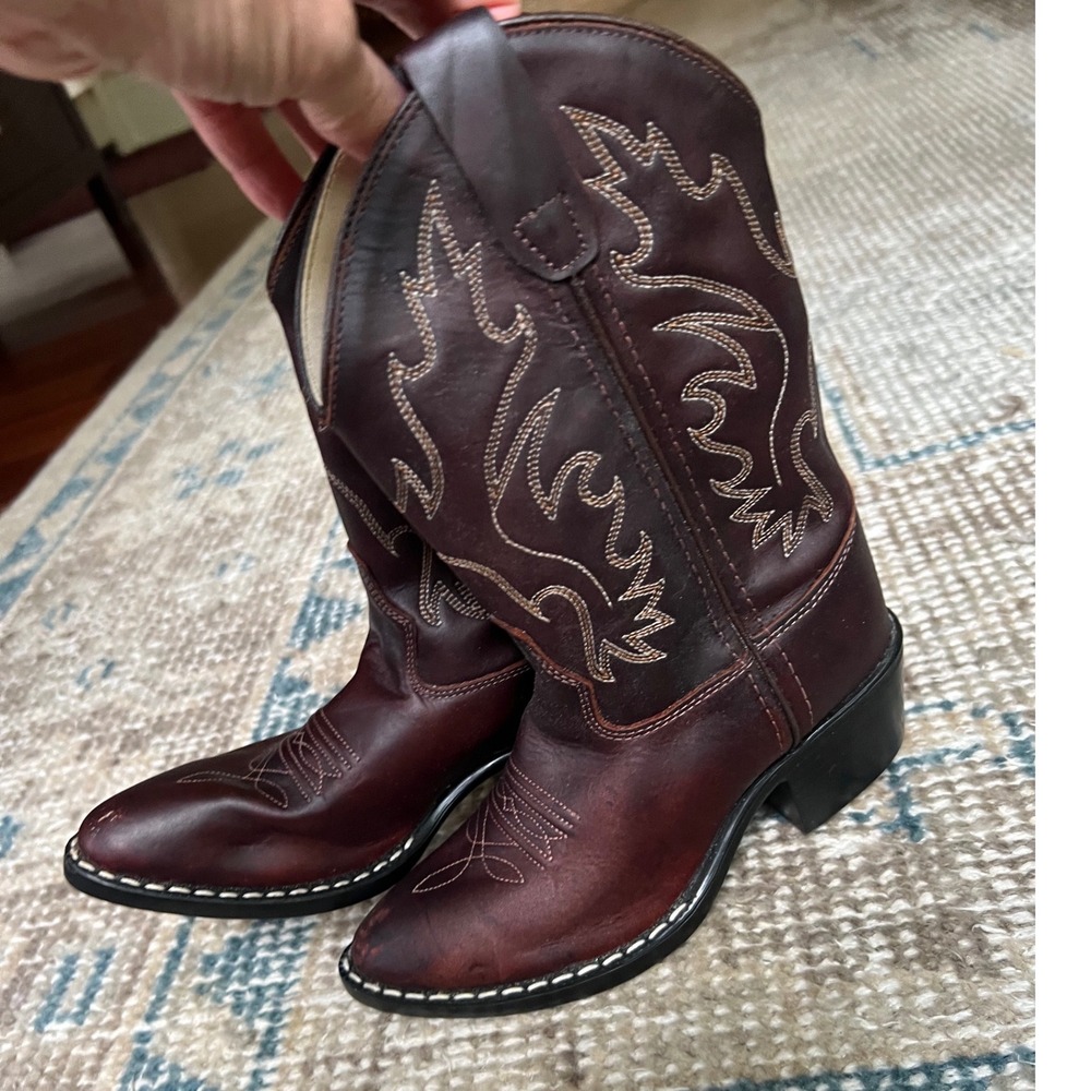 Old West Kids Burgundy Leather Cowboy Boots Western Pointed Toe 8152 Size 12D - Picture 5 of 7